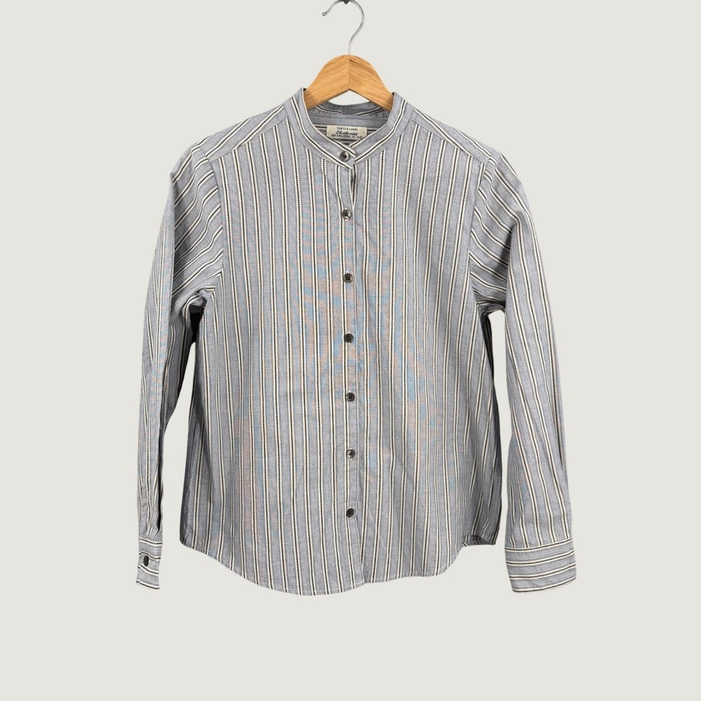 Shuttle Notes Button Up Shirt Womens‎ Blue Striped Band Collar